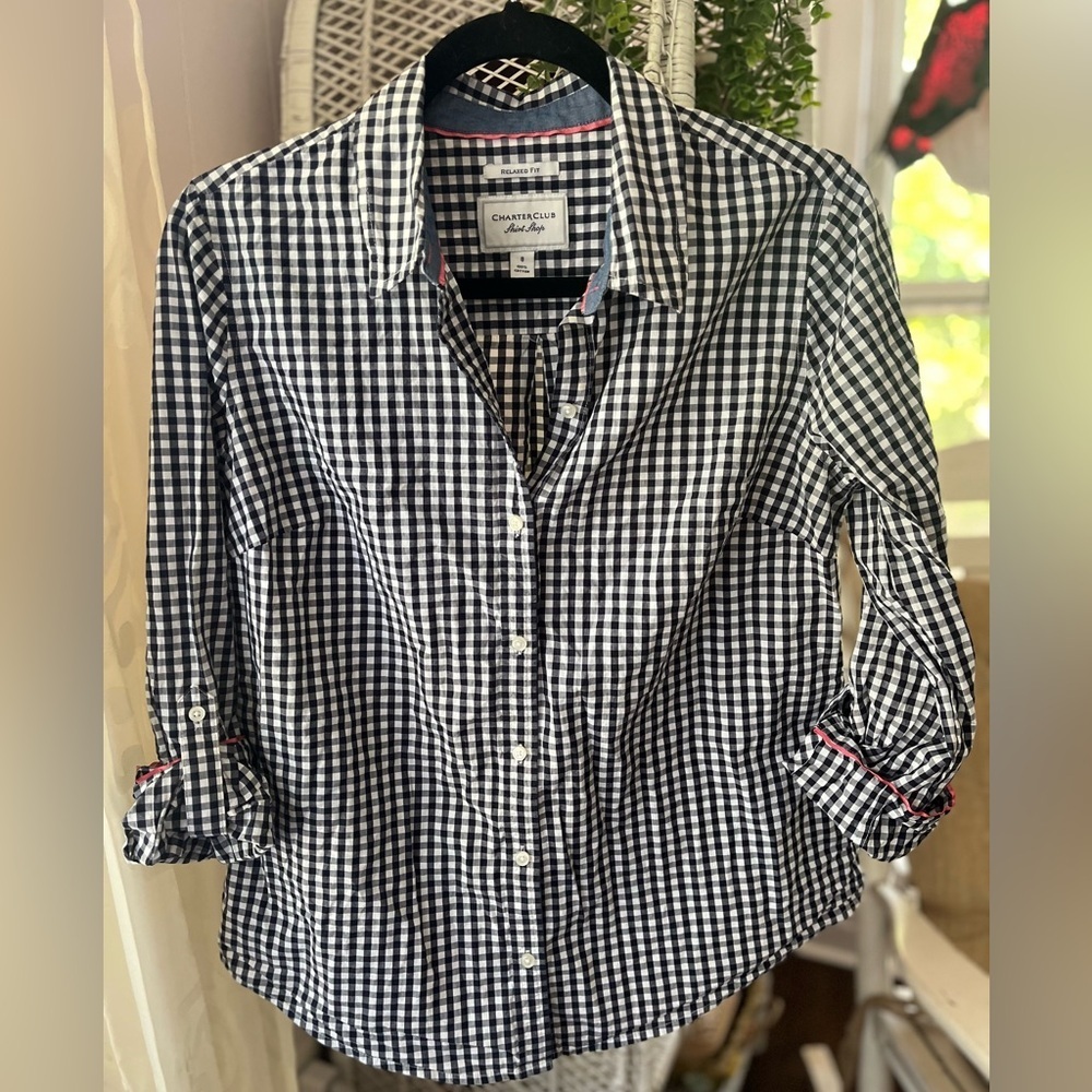 Charter Club Size 8 Navy Blue & White Gingham Checkered Cotton Button Down